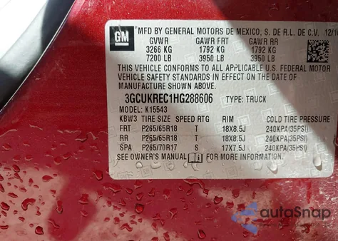 2017 Chevrolet Silverado 1500 1Lt z USA, uszkodzony, nr VIN 3GCUKREC1HG288606